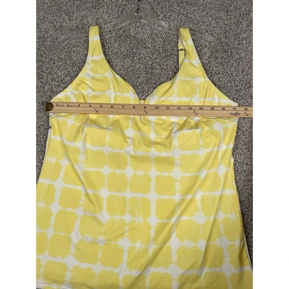 Lands' End Womens Plunge V-Neck Tankini Top Yellow White Tie Dye Grid Size 14